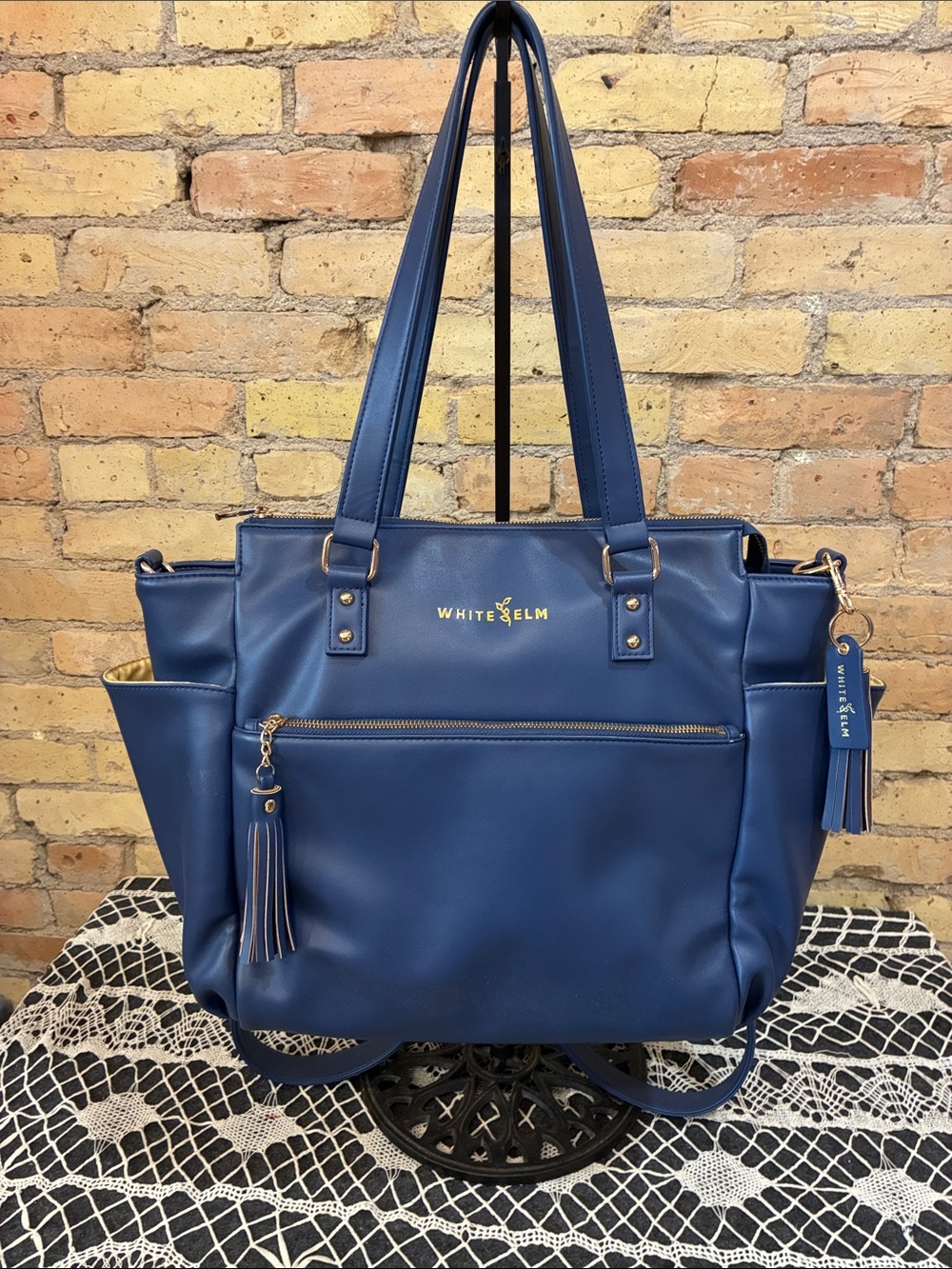White Elm Gemini Navy Tote/ Convertible Backpack with Front Zip and Tassel